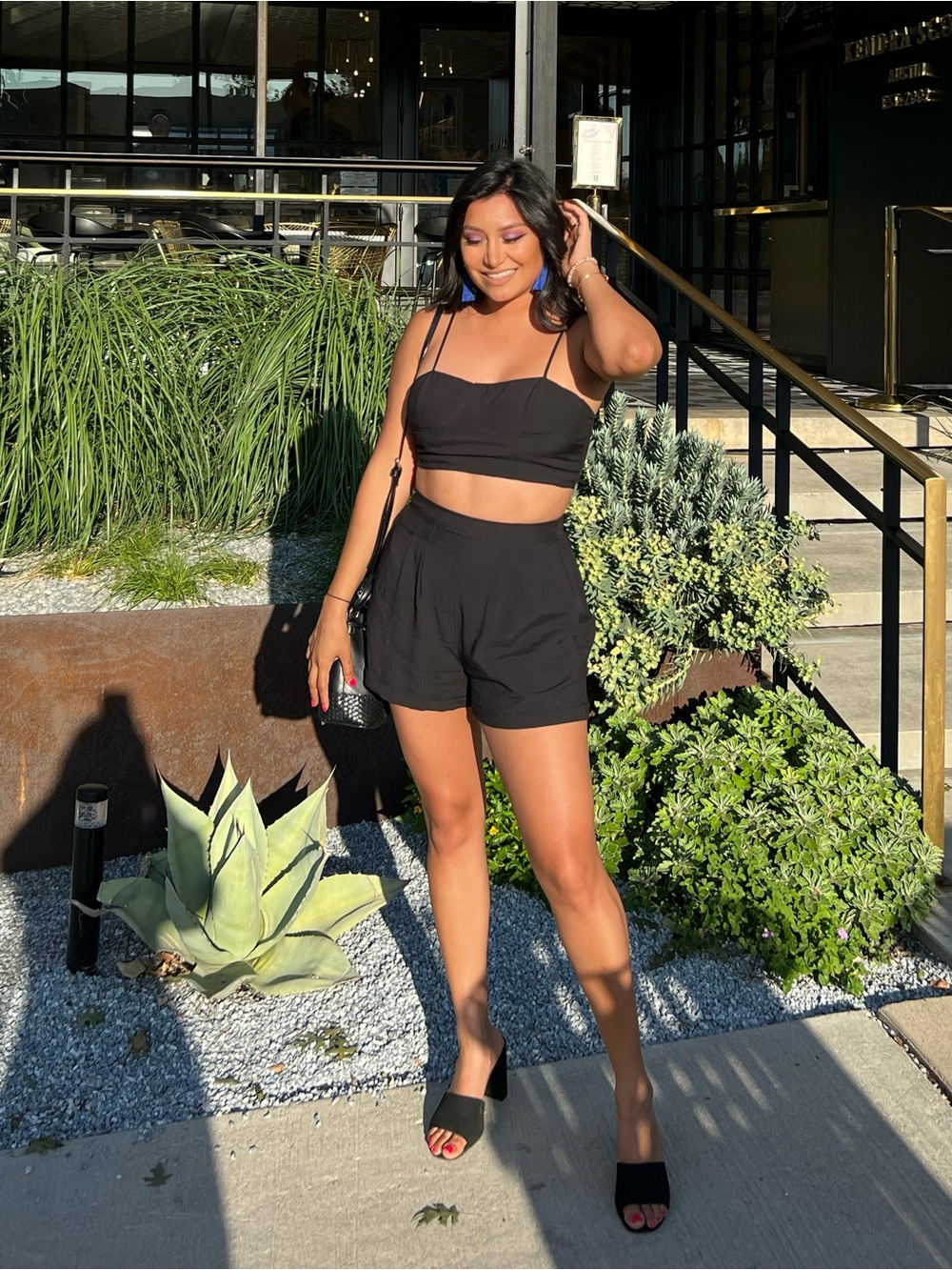 Black Two-Piece Crop Top & High-Waist Shorts Set